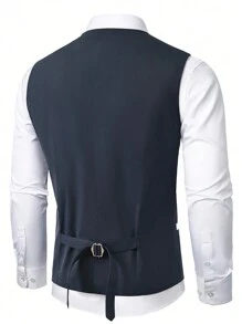 Manfinity Mode Men's Plain Color Patchwork Front Button Pocket Casual Vest Men Dress Vest - Navy Blue - View 2