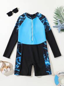 Boys' Lightning Print Color Block One-Piece Athletic Swimwear, Minimalist Yet Stylish Design - Multicolor - View 3