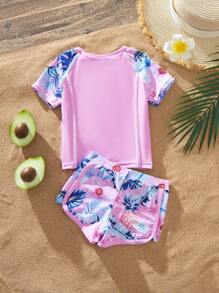 SHEIN Baby Girl Tropical Print Patchwork Swimwear Set - Pink - View 2