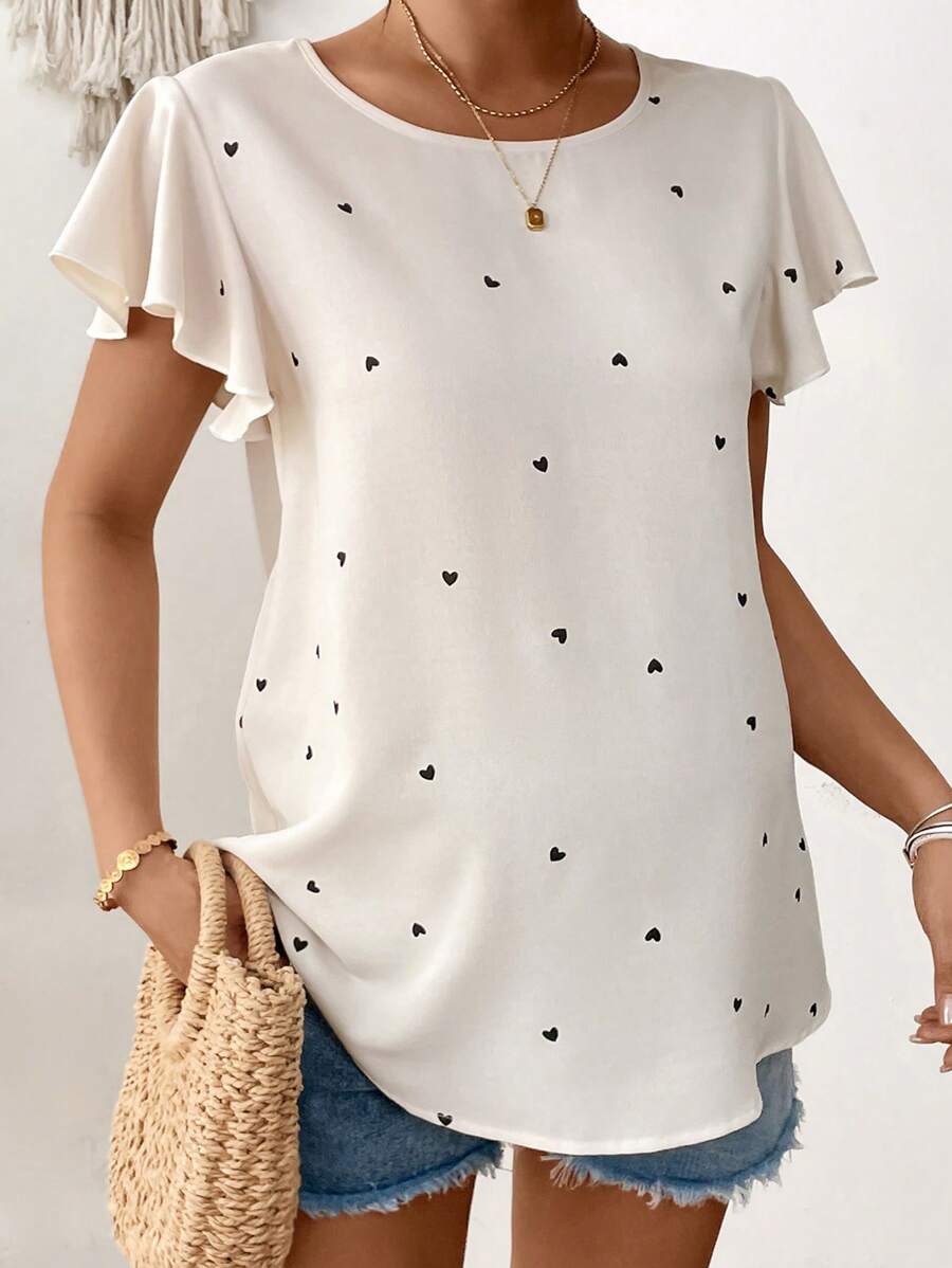 SHEIN Maternity Heart Print Ruffle Trim Casual Vacation Shirt - Apricot - View 1