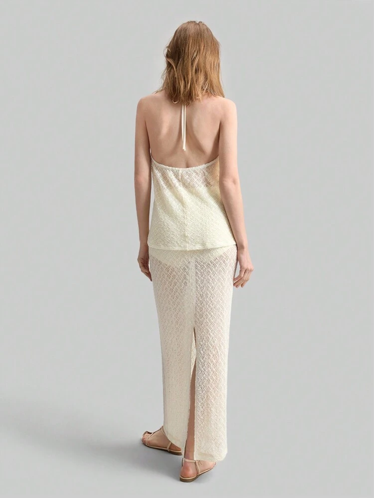 Boho Style 2Pcs Set Khaki Women's Knit Halter Crop Top & Skirt Casual Vacation Outfit, Spring