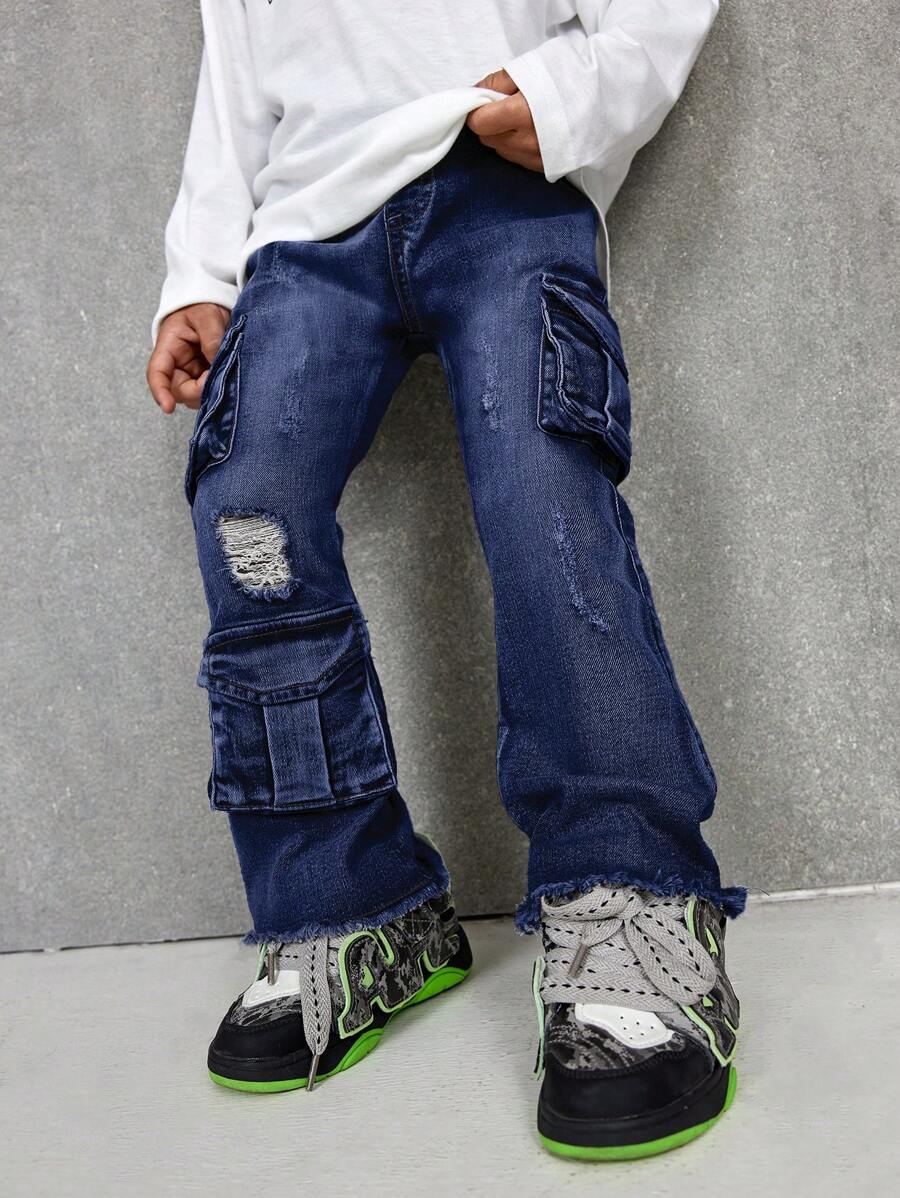 SHEIN Young Boy Distressed Fashionable Street Cool Multiple Pockets Ripped Frayed High Stretch Skinny Cargo Jeans, Leisure And Versatile For Kids Fall/Winter Indoor/Outdoor Wear - Dark Wash - View 1
