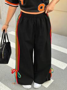 CovetEZ Plus Size Black Rainbow Elastic Waist Wide Leg Pants - Black - View 3