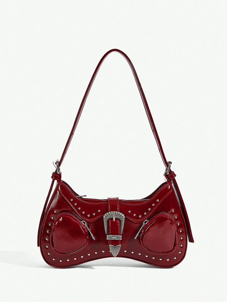 SHEIN X Lucía Bellido SHEIN ICON Ladies, Women Shoulder Bag, Hobo Bag, Fashionable, Personalized, Simple, Versatile, Street, Sweet And Cool Girls, Hot Girls, Y2k, Retro, Rivets, Vintage, Teenagers, Y2k Bag, 2000s Fashion Style, Gothic Punk Bag For Women - Burgundy - View 1