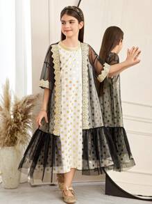 Tween Girl Metallic Print Mini Dress With Golden Ribbon Mesh Cardigan 2 Pieces Set - Gold - View 3