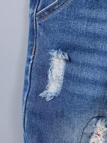 Young Boy's New Fashion Distressed Red & Black Plaid Embroidered Patch Pocket Denim Long Pants