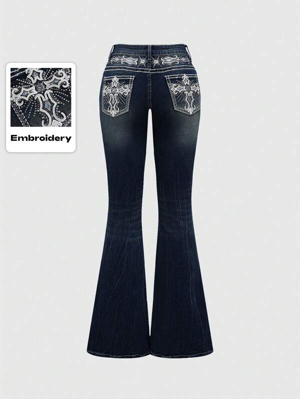 ROMWE PETITE Jeans de tiro bajo con acampanado y corte crop, con bordado de cruz en los bolsillos, estilo vintage Y2K para mujeres