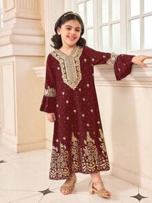 Young Girl' V-Neck Long Sleeve Minimalist Graphic Print Casual Dress - Burgundy - View 4