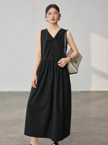 DAZY 女式不对称扭纹无袖直筒中长连衣裙，简约休闲商务设计 - 黑色 - 查看 2