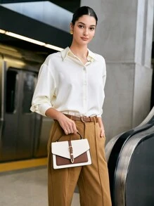 女士腰带装饰翻盖手提包斜挎包，撞色圣诞冬季圣诞礼物 - 咖啡棕 - 查看 4