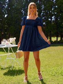 SHEIN VCAY Women's Elegant Fashion Solid Color Puff Sleeve Dress For Spring Summer Vacation - Navy Blue - View 6