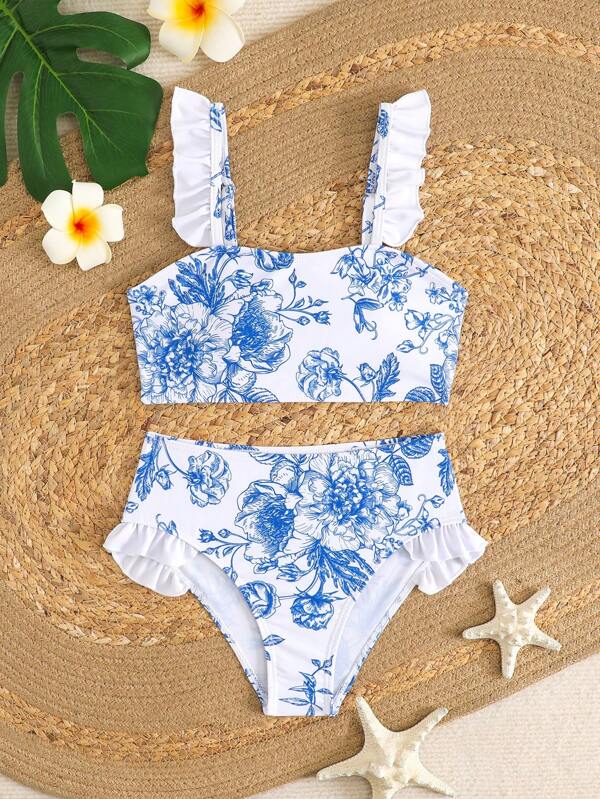 Wildeya Tween Girls Floral Print Random Frill Trim Two-Piece Bikini Swimwear