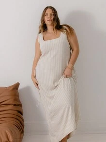 Aralina Curve Summer Vacation Beach Linen Stripe Maxi Dress With Lace Up - Blue - View 1