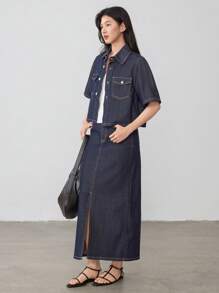 Dazy-Less 休闲宽松简约牛仔上衣，侧开衩设计，两件套，女士商务休闲女式工作服