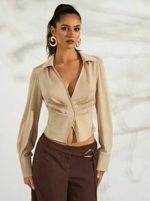 Glamine Camisa feminina de cor sólida com sobreposição frontal, plissada, decote em V profundo, lapela, elegante e sexy, manga comprida - Tops femininos, Dia dos Namorados - Caqui - Ver 6