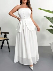 Firerie Plus Size Women 2 Pieces Set Including Elegant Simple Chiffon A-Line Skirt And Romantic Casual Sleeveless Top, Suitable For Work Office, Spring/Summer