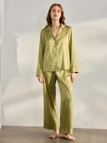 Ocili Leisure Premium Jacquard Collar Long Sleeve & Pants Ladies Sleepwear Set, Comfortable