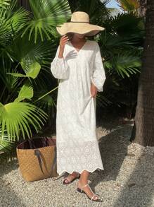 Livesso Einfarbiges Jacquard-Kleid im lässigen Boho-Stil mit V-Ausschnitt und Langarm für Frauen, Herbst, Lehreroutfits