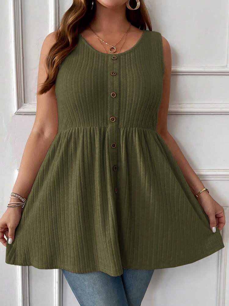 Plus Size Casual Solid Color Front Button Tank Top, Summer