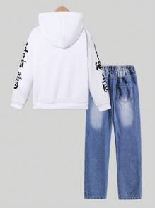 2pcs/Set Boys Older Kids Hooded Print Long Sleeve Knit Sweatshirt + Casual Denim Long Pants, Spring/Autumn