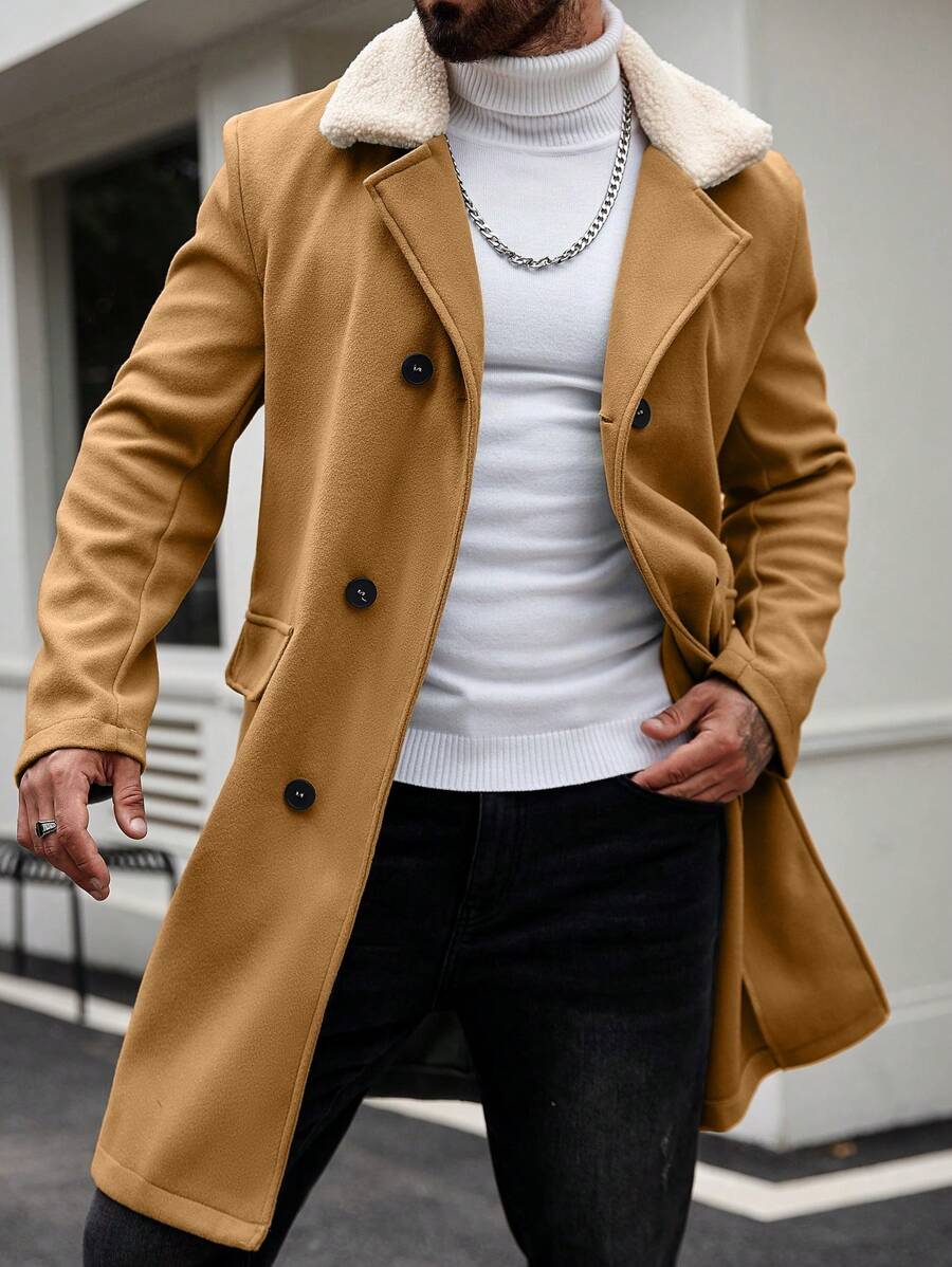 Manfinity Homme Plus Size Men's Contrast Color Fur Collar Double-Breasted Overcoat, Fall/Winter - Brown - View 1