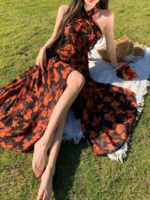 DAZY Ditsy Floral Full Pattern Vacation Style Beach Halter Open Back V-Neck Drawstring Tie Waist High Slit Midi Dress For Women Summer Cruise Women Outfits - Red - View 9