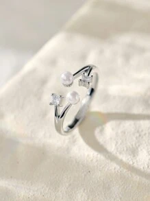 1pc Bague Ouverte Personnalisée et Élégante à Deux Couches de Faux Perles et de Zircone Cubique