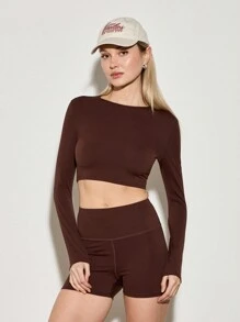 AiiRZ Luxury Athletic Two-Piece Set Long Sleeve Crop Top High Waist Biker Shorts Workout Set Premium Seamless Gym Outfit Training Activewear Fitness Set - Coffee Brown - View 1