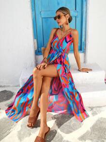 Vivid Eden 女士休闲彩色印花裹身吊带背心中长连衣裙，度假时尚 - 藍色 - 查看 6