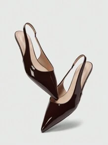 CUCCOO BIZCHIC New Summer Women's Square Buckle Pointed-Toe Low Chunky Kitten Heels, Unique Heel Design, Versatile, Comfortable, Commute Style, Chocolate & Brown Patent Leather Slip-On Flats