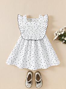 SHEIN Spring/Summer Young Girl Square Collar Sleeveless White Polka Dot Cute & Ruffle Hem Dress - Multicolor - View 2