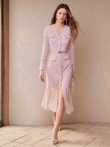 MOTF PREMIUM VESTIDO CORTE SESGADO DE CONTRASTE DE ENCAJE Y MALLA - Rosa - Ver 6
