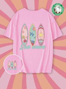 Tseoso Áo thun nữ cổ tròn tay ngắn họa tiết lướt sóng và trượt ván màu hồng cỡ lớn, giản dị và đơn giản, phù hợp cho mùa thể thao mùa hè - Màu Hồng baby - Xem 1