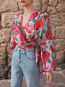 Aveloria Rosie Französischer schicker Resort-Stil Tropischer Blumenprint Chiffon-Wickelbluse mit V-Ausschnitt, Bindetalje und schmaler Passform, Crop-Langarmbluse für Damen - Verschiedenfarbig - Übersicht 4