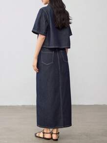 Dazy-Less 休闲宽松简约牛仔上衣，侧开衩设计，两件套，女士商务休闲女式工作服