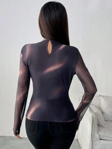 Women's Elegant Wavy Mesh Printed T-Shirt Top Fall Cloth For Women - Black - View 2