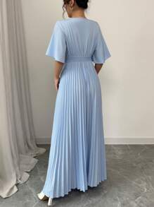 Rafferiza Light Blue Maxi Dress For Women, Elegant Pleated Summer Dress With V-Neck And Flutter Sleeves Women Evening Gown - Baby Blue - View 2