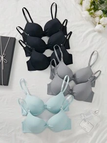 7 Pcs Women Simple Casual Comfortable Supportive Wire-Free Bras, Solid Color Sexy Lingerie - Multicolor - View 5