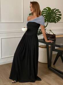 DAZY Splice Contrast Color Off Shoulder Bodycon Dress, Elegant For Holiday/Vacation Wear, Summer & Spring Sundress Maxi Dress - Black - View 4