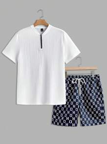 Manfinity VCAY 2 件男士针织修身休闲 Polo 衫和短裤套装，夏季 - 白色 - 查看 2