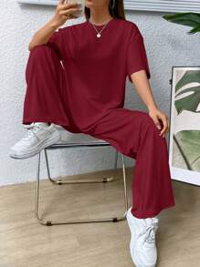 Muchica Giải trí Thoải mái Màu thuần Áo thun Và Quần Bộ - Màu Đỏ Sâu - Xem 5