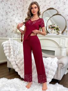 Set de pijama de 2 piezas de mujer con parche de encaje y punto de canalé
