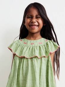 SHEIN Young Girls' Loose Round Neck Dress With Cherry Blossom Embroidery, Ruffle Hem And Cap Sleeves, Green, Casual Mori Style For Spring & Vacation