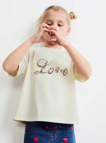 SHEIN Young Girls Round Neck Drop Shoulder Sequins Bead Print Short Sleeve Beige T-Shirts, Casual Style, Spring, Suitable For Valentine's Day - Beige - View 4
