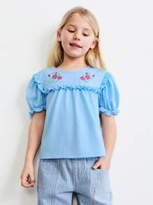 SHEIN Blusa casual con cuello redondo, mangas de farol y detalles de volantes en azul para niñas jóvenes, estilo mori para primavera - Azul - Ver 6