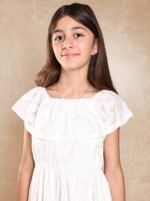 SUMWON Summer Eyelet Lace Tiered Prairie Midi Dress With Ruffle Overlay Empire Waist Sundress For Tween Girls Special Occasion Wedding Guest Easter Spring - White - View 4