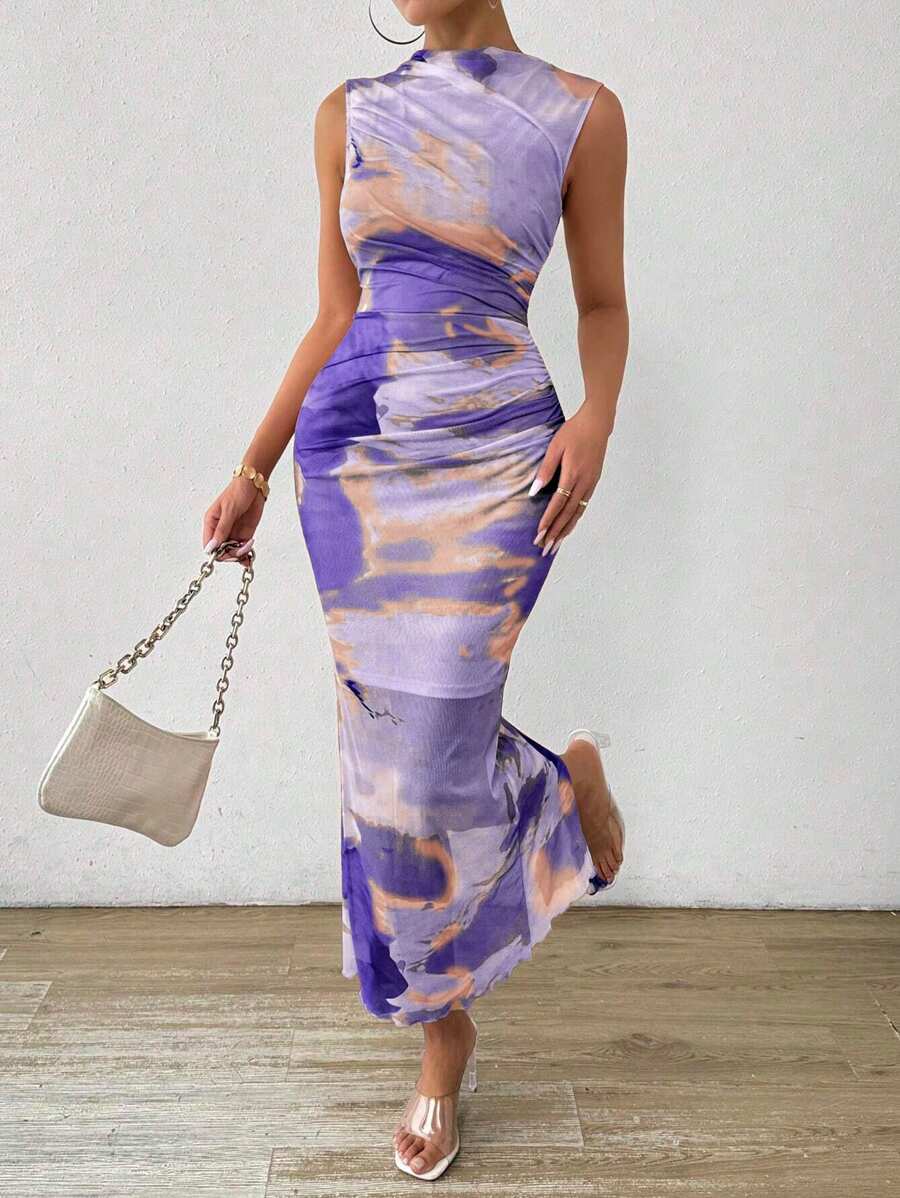 Chiquease Women's Summer Tie Dye Print Stand Collar Pleated Slim Long Elegant Dress Maxi Women Outfit