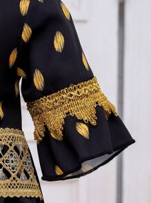 SHEIN 女童高贵 V 领黑色和金色波尔卡圆点蕾丝花边腰部收腰中长连衣裙，日常穿着兄弟姐妹装套装（单独出售，3 件） - 彩色 - 查看 7