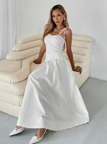 SHEIN Essnce Vestido longo feminino liso com babados e pregas na bainha - Branco - Ver 5