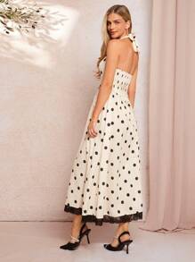 SHEIN Clasi Women's Elegant Halter Neck Apricot Base Black Polka Dot Dress For Spring & Summer Vacation Beach Outfits For Woman Western Wear Women Summer Dress  Western Wear Women Boho Festival  Bohemian Vacation Dress